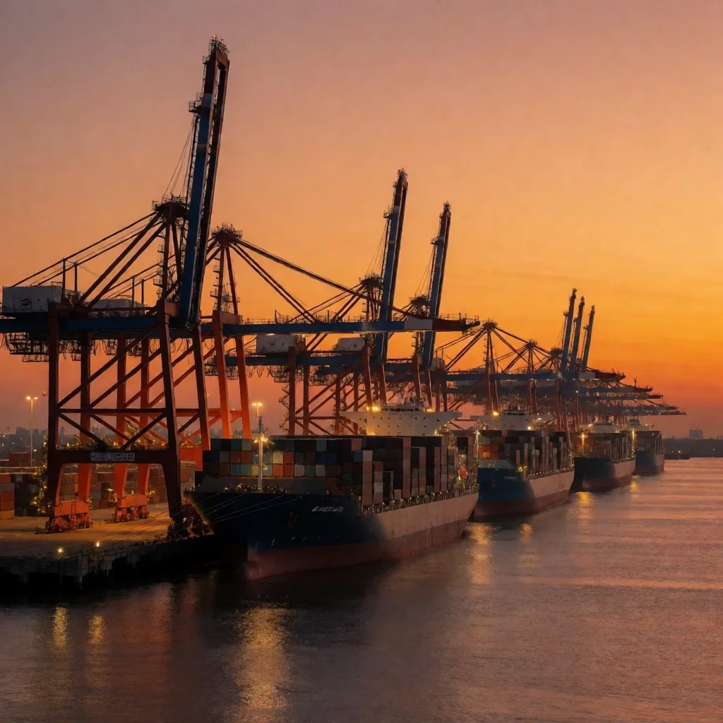 Puerto de exportación argentino al atardecer